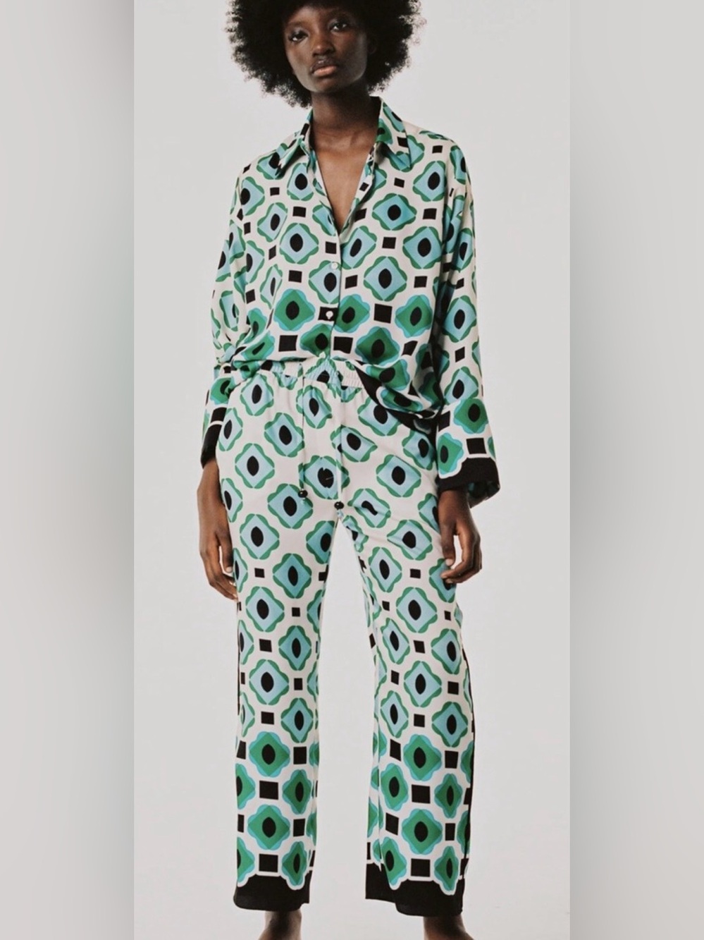 Zara Green & Teal Geometric Wide-Leg Pants Set - Picture 3 of 7